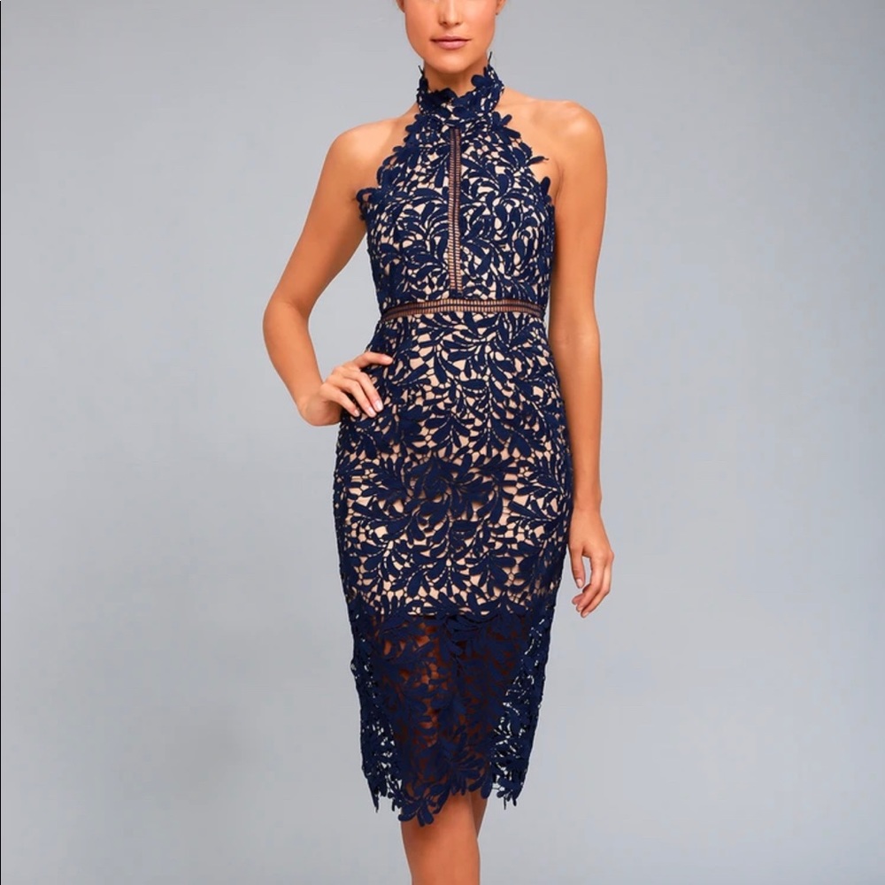 Lulus Divine Destiny Navy Blue Lace Midi Dress